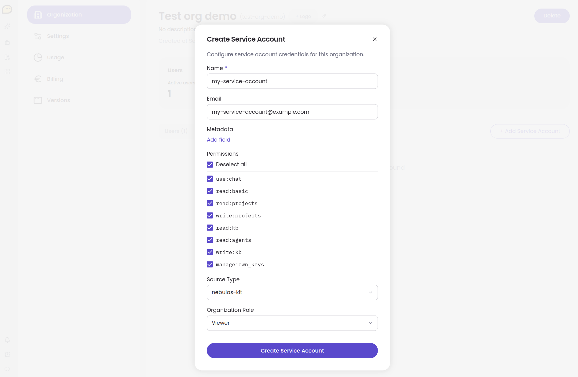 The Create Service Account dialog with name, email, metadata, permissions, source type and organization role