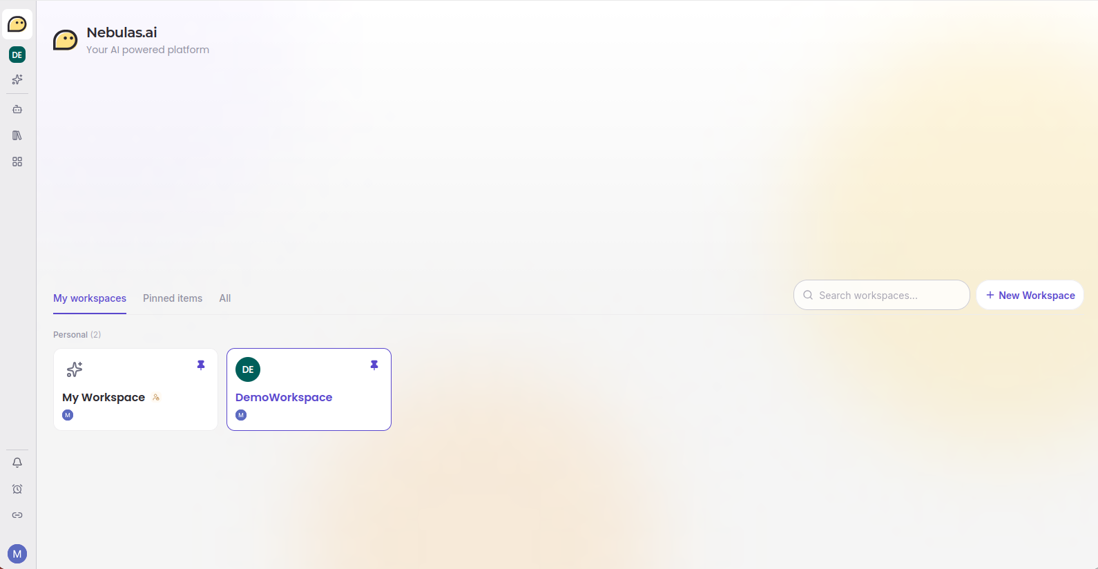 The workspaces page with My Workspace, a second workspace, the search box and the New Workspace button